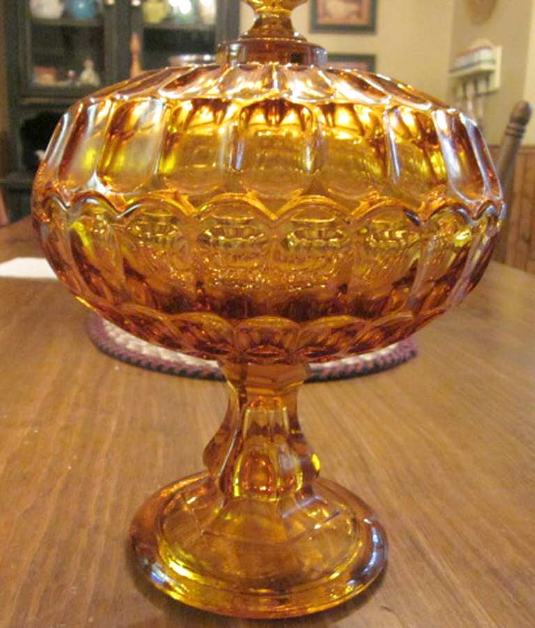Thumbprint Colonial Amber Anniversary Bowl & Lid by Fenton-1