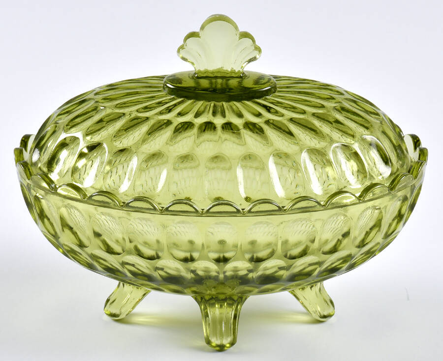 Thumbprint Colonial Green Oval Candy Dish with Lid by Fenton-1