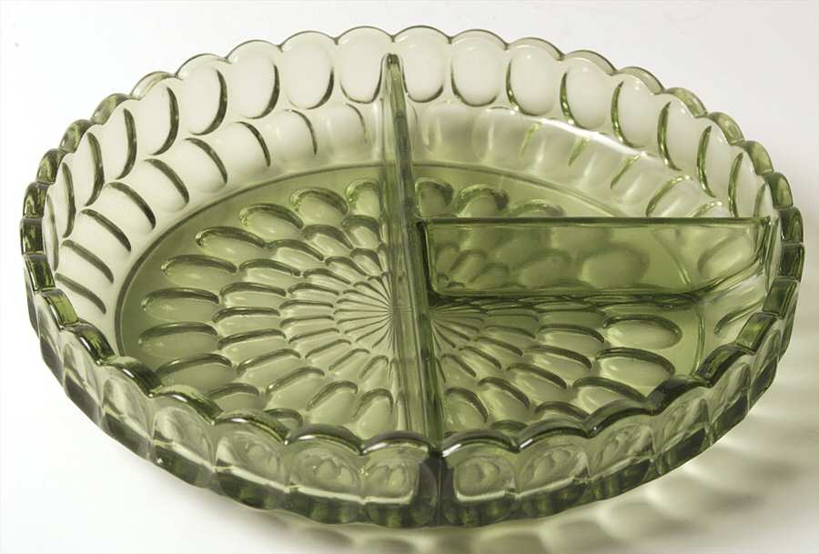 Thumbprint Colonial Green 8" Round 3 Part Relish by Fenton-1