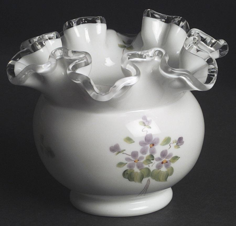 Violets In The Snow 4" Double Crimped Vase by Fenton-1