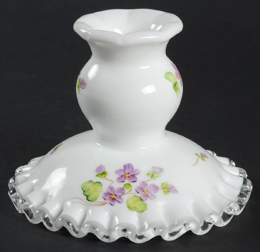 Violets In The Snow 3" Single Light Candlestick by Fenton-1