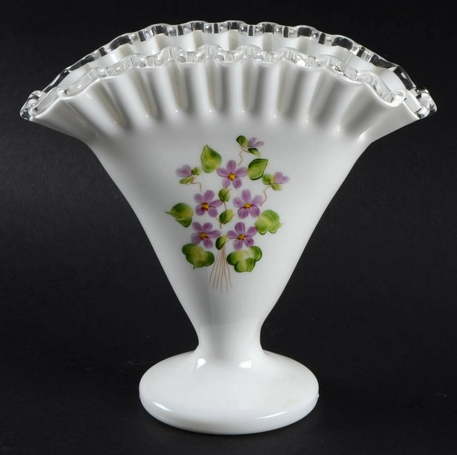 Violets In The Snow 6" Fan Vase by Fenton-1