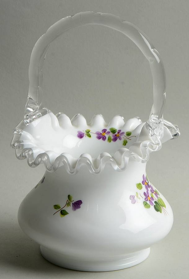 Violets In The Snow #7437 Crests 8" Basket by Fenton-1