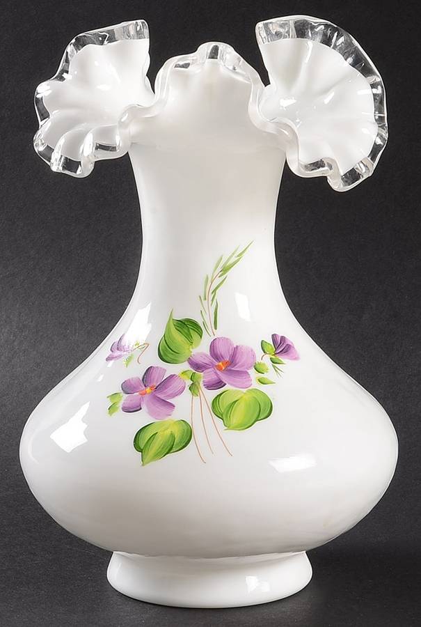 Violets In The Snow 6" Double Crimped Vase by Fenton-1