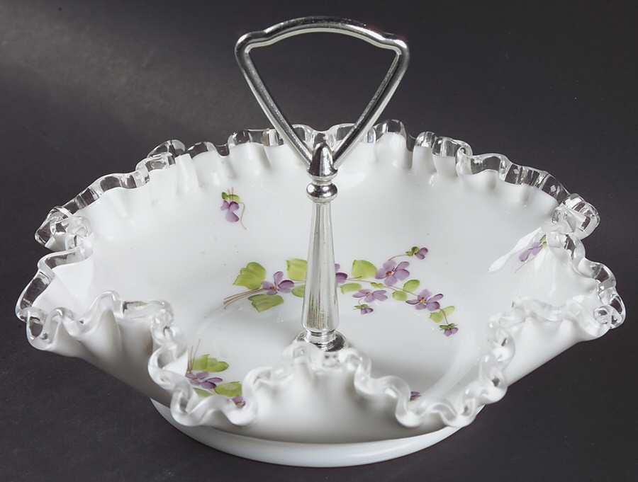 Violets In The Snow Bon Bon with Metal Handle by Fenton-1