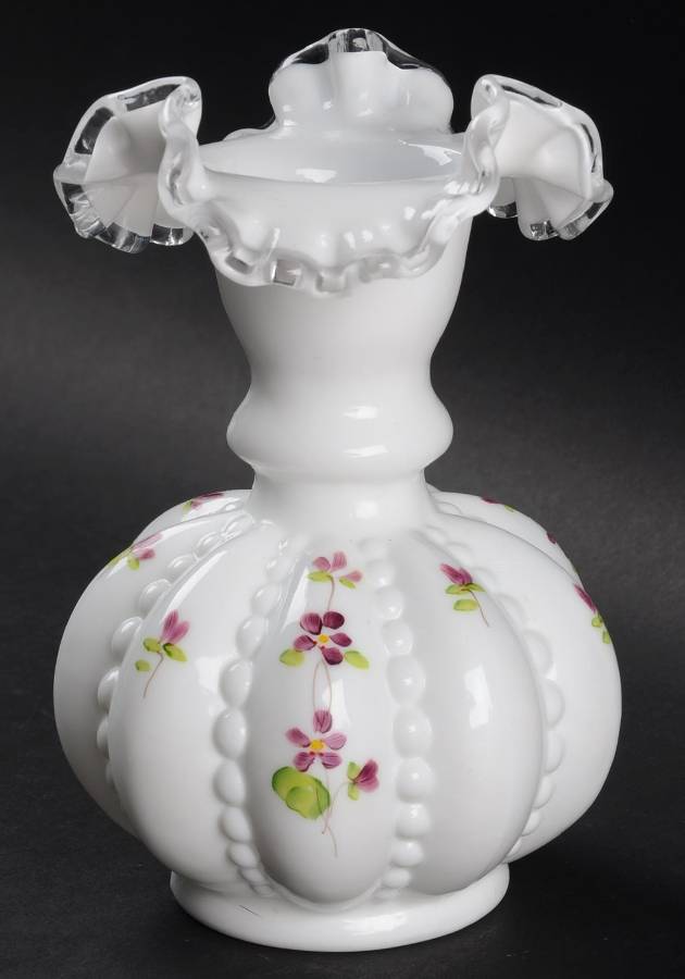 Violets In The Snow 6" Crimped Tulip Vase by Fenton-1
