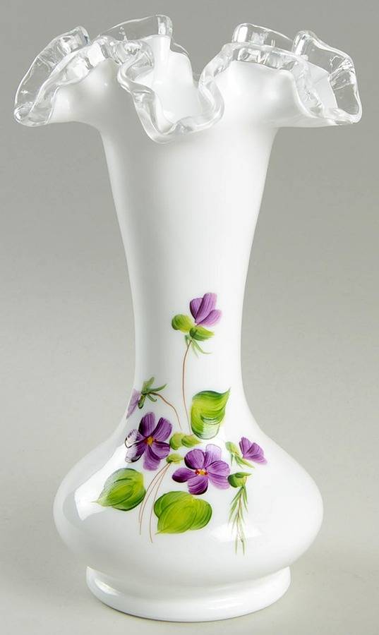 Violets In The Snow 8" Double Crimped Vase by Fenton-1