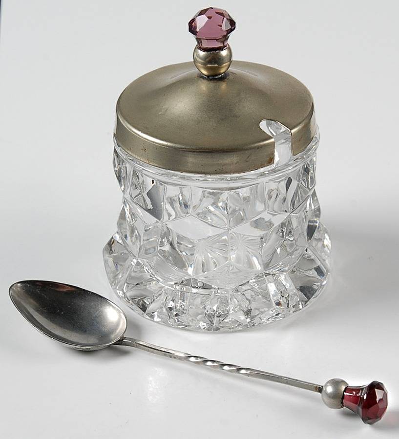 American Clear (Stem 2056) Mustard/Ink Well & Silver Lid with Spoon by Fostoria-1