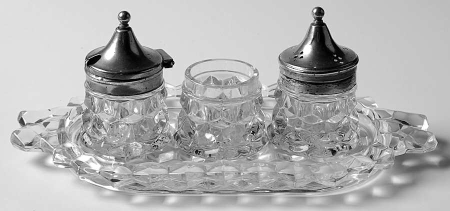 American Clear (Stem 2056) Spice Set & Tray (Missing 1 Metal Lid & Spoon) by Fostoria-1