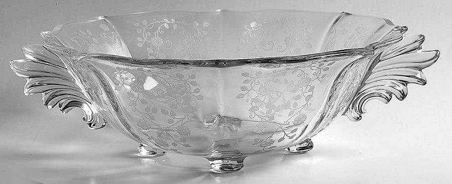 Arcady (Stem 6014, Etch 326) Handled 4-Toed Bowl (Baroque Shape) by Fostoria-1