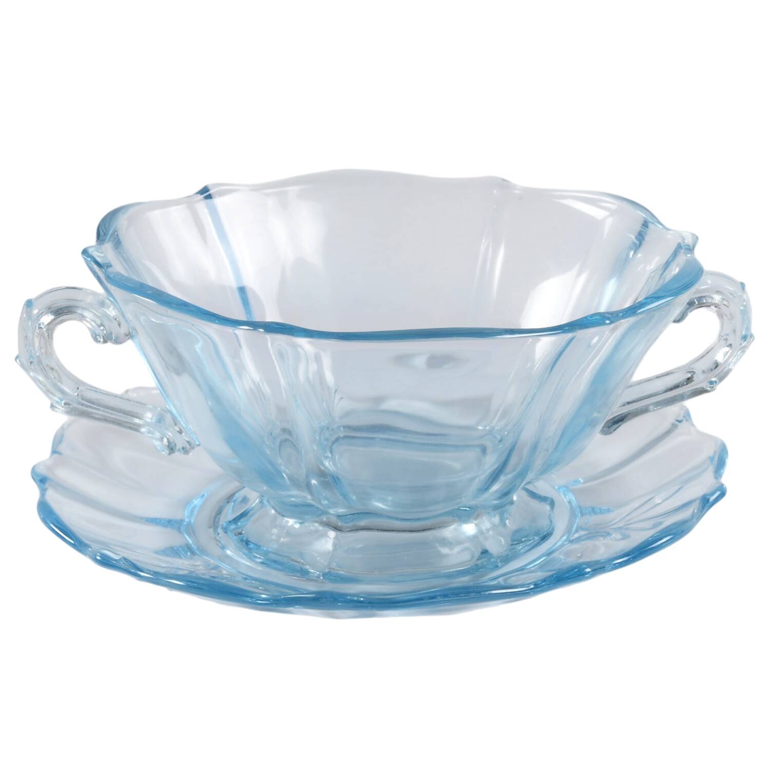 Baroque Blue Cream Soup & Saucer Set (Baroque Shape) by Fostoria-1