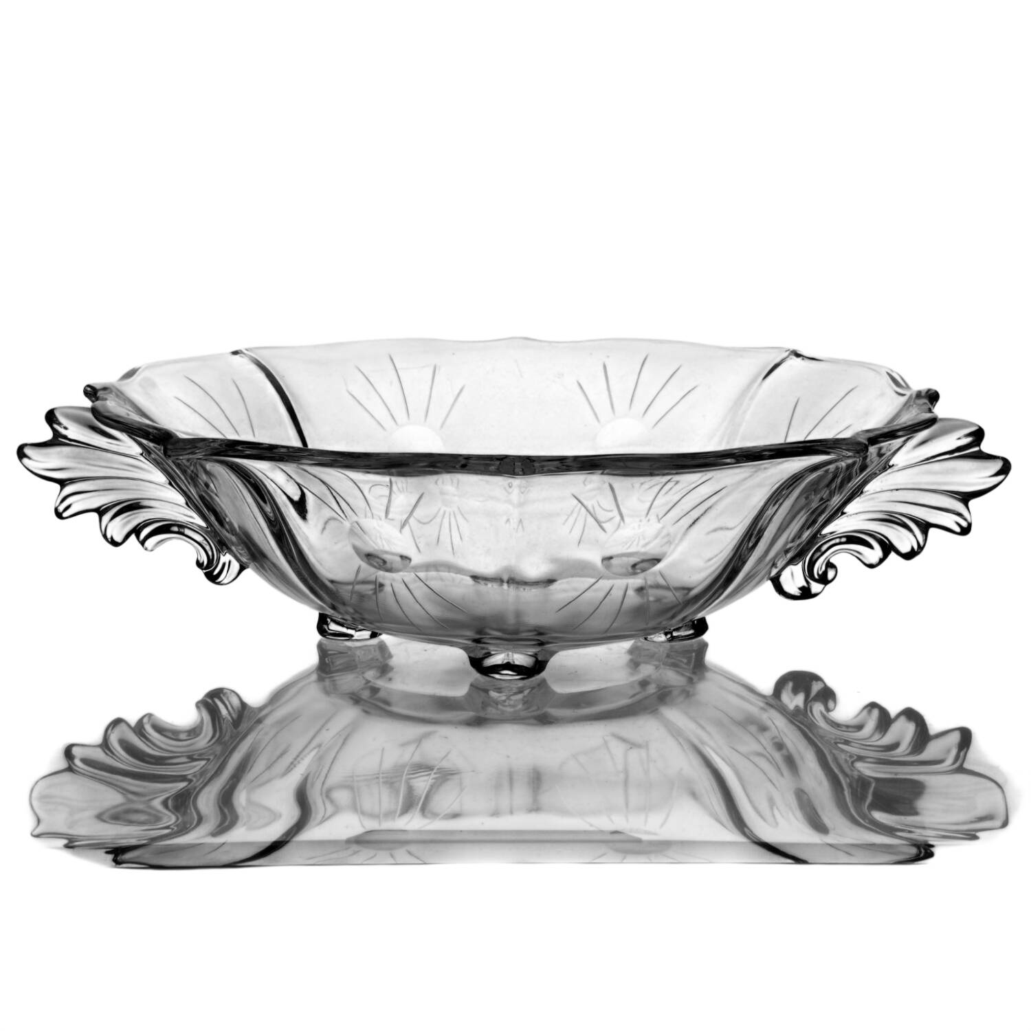 Beacon (Stem 6017, Cut 767) Handled 4-Toed Bowl (Baroque Shape) by Fostoria-1