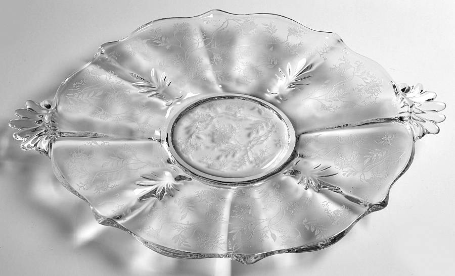 Chintz (Etched) Handled Cake Plate (Baroque Shape) by Fostoria-1