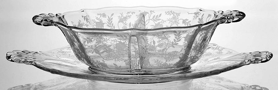 Chintz (Etched) Divided Hdl. Mayonnaise Bowl & Tray(Baroque Shape) by Fostoria-1