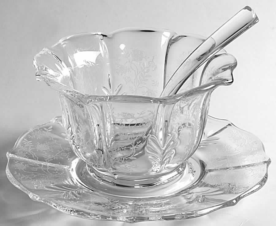 Chintz (Etched) Mayonnaise Bowl & Underplate w/Ladle (Baroque Shap by Fostoria-1
