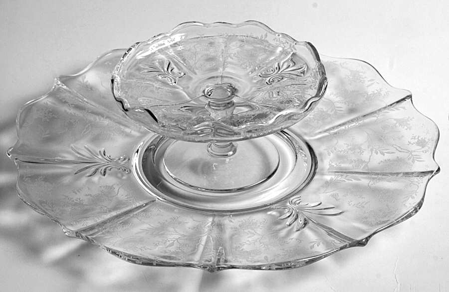 Chintz (Etched) Cheese & Cracker Set (Baroque Shape) by Fostoria-1