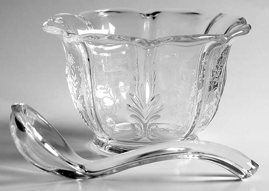 Chintz (Etched) Mayonnaise Bowl & Ladle (Baroque Shape) by Fostoria-1