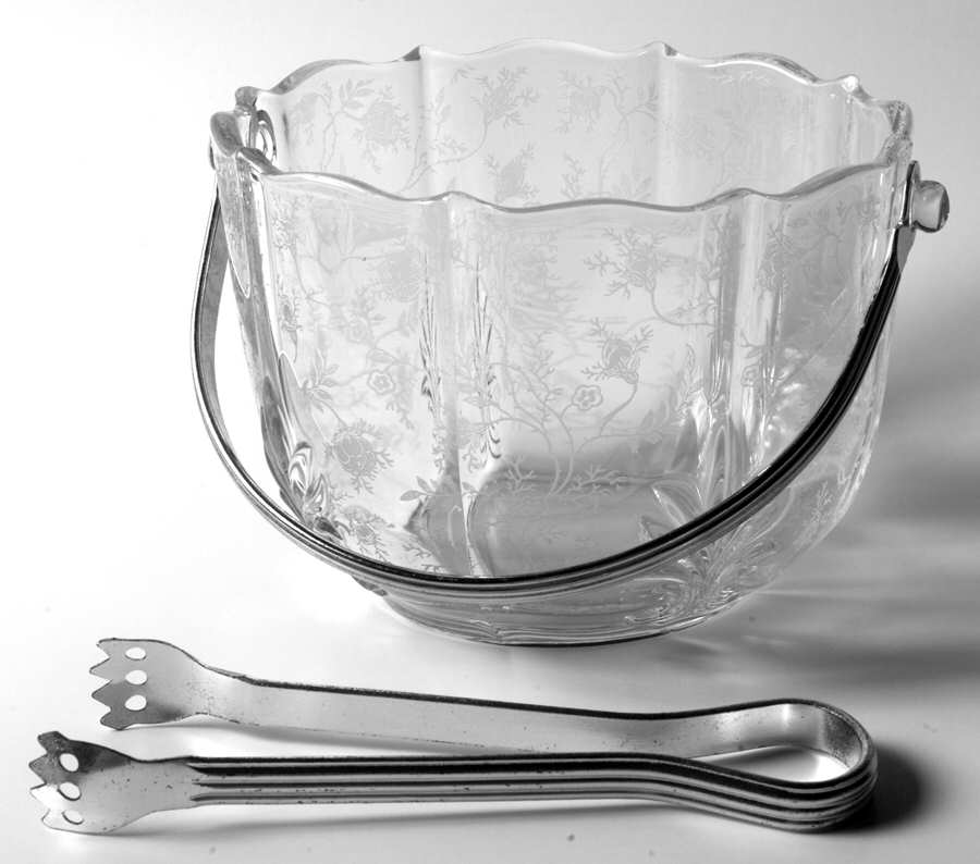 Chintz (Etched) Ice Bucket with Handle & Tongs (Baroque Shape) by Fostoria-1
