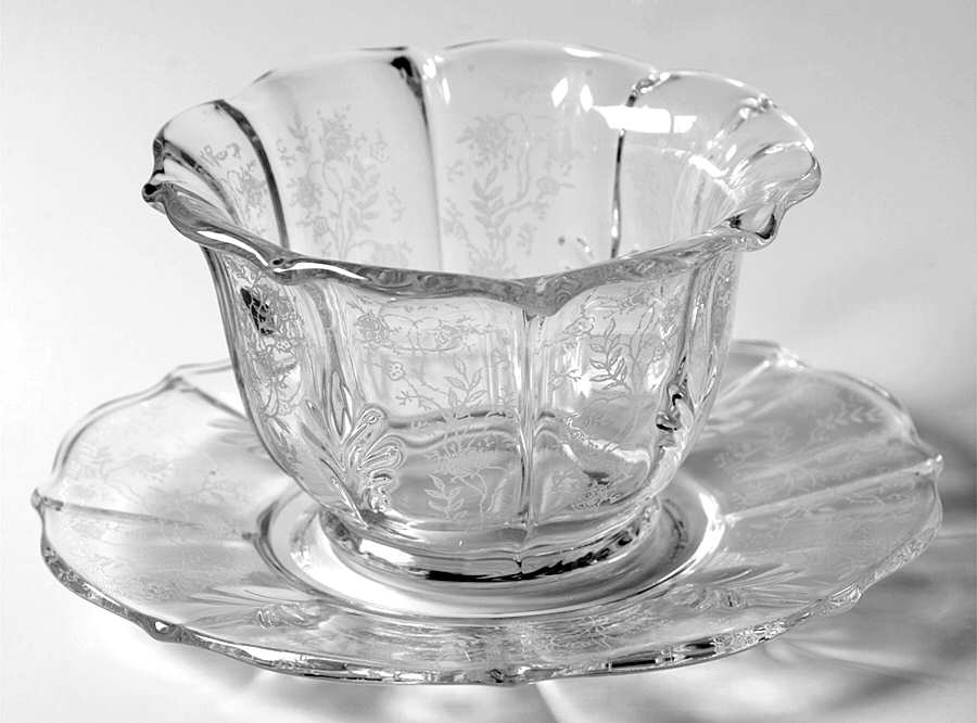 Chintz (Etched) Mayonnaise Bowl & Underplate(Baroque Shape) by Fostoria-1