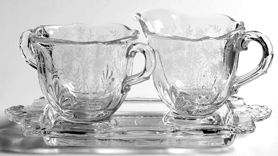 Chintz (Etched) Baroque Individual Creamer&Sugar on Tray by Fostoria-1