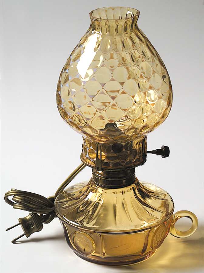 Coin Glass Amber Electric Courting Lamp with Globe by Fostoria-1
