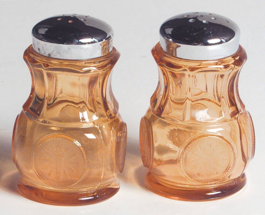 Coin Glass Amber Shaker Set w/Metal Lids by Fostoria-1