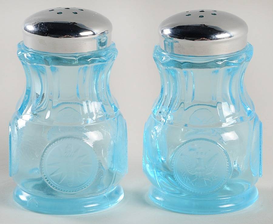 Coin Glass Dark Blue (Older) Shaker Set w/Metal Lids by Fostoria-1