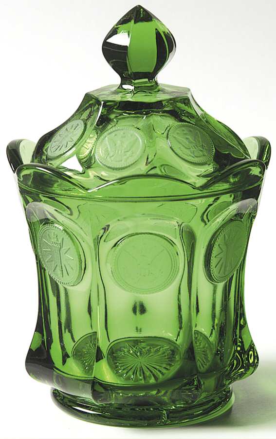Coin Glass Emerald Green (Older, Stem 1372) Candy Dish & Lid by Fostoria-1