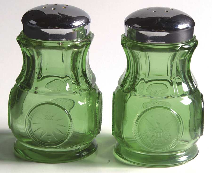 Coin Glass Emerald Green (Older, Stem 1372) Shaker Set w/Metal Lids by Fostoria-1
