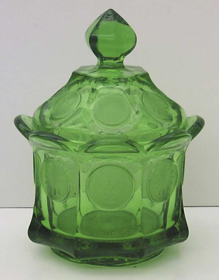 Coin Glass Emerald Green (Older, Stem 1372) Bowl Has Lip, Sugar Bowl & Lid by Fostoria-1