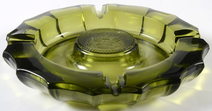 Coin Glass Olive Green Ashtray with One Raised Center Coin by Fostoria-1