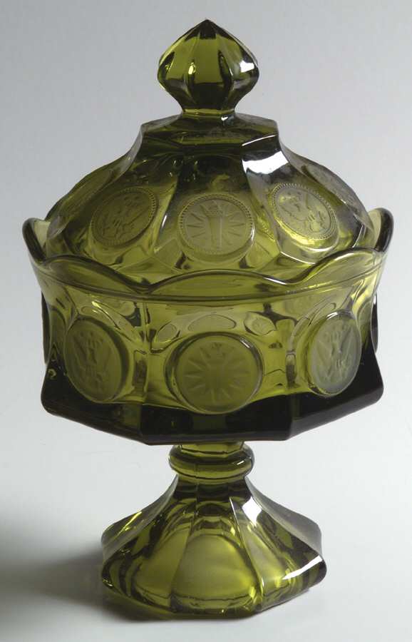 Coin Glass Olive Green Wedding Bowl with Lid by Fostoria-1