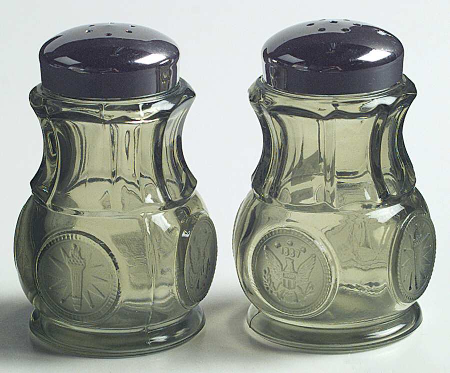 Coin Glass Olive Green Shaker Set w/Metal Lids by Fostoria-1