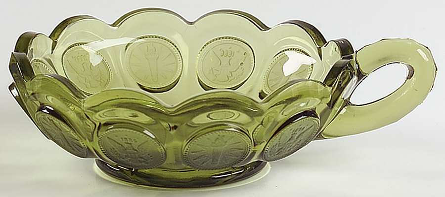 Coin Glass Olive Green Handled Nappy by Fostoria-1
