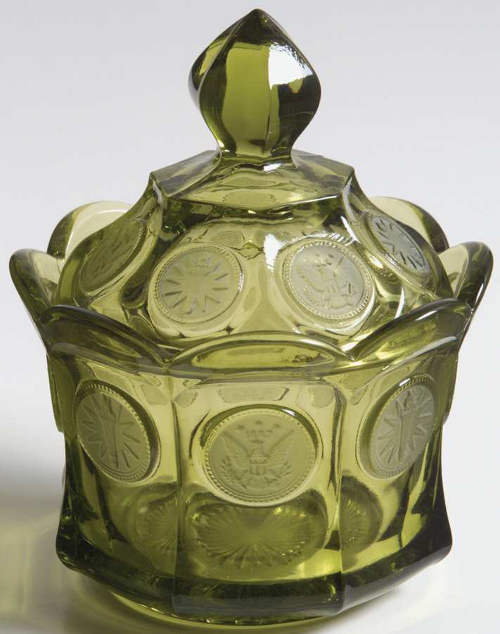 Coin Glass Olive Green Bowl Has Lip, Sugar Bowl & Lid by Fostoria-1