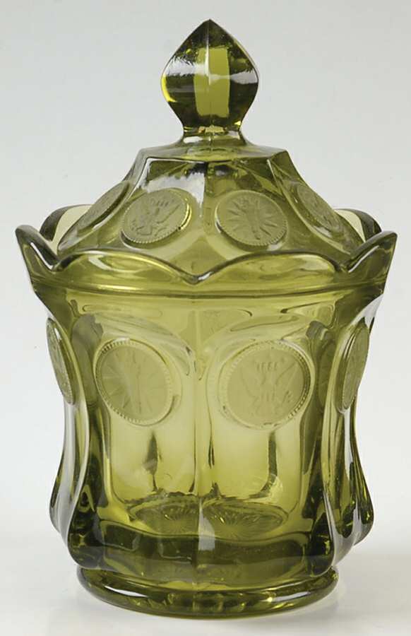 Coin Glass Olive Green Candy Dish & Lid by Fostoria-1