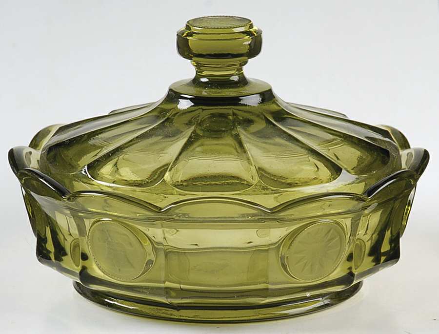 Coin Glass Olive Green Candy Box & Lid by Fostoria-1