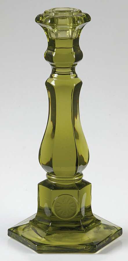 Coin Glass Olive Green Tall Single Light Candlestick by Fostoria-1