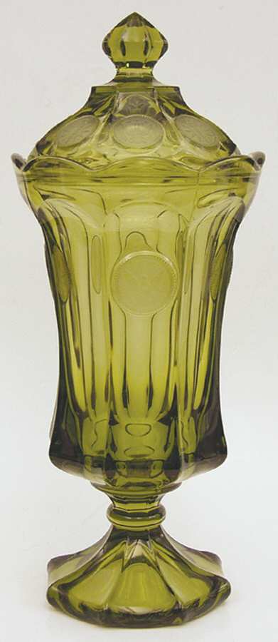 Coin Glass Olive Green Footed Urn & Lid by Fostoria-1