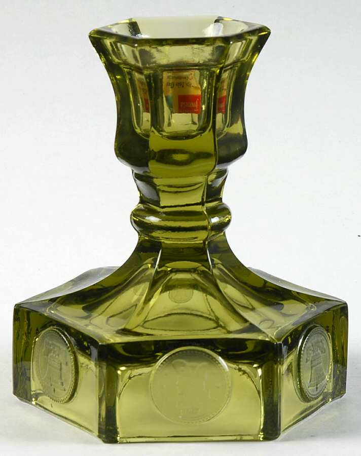 Coin Glass Olive Green Single Light Candlestick by Fostoria-1
