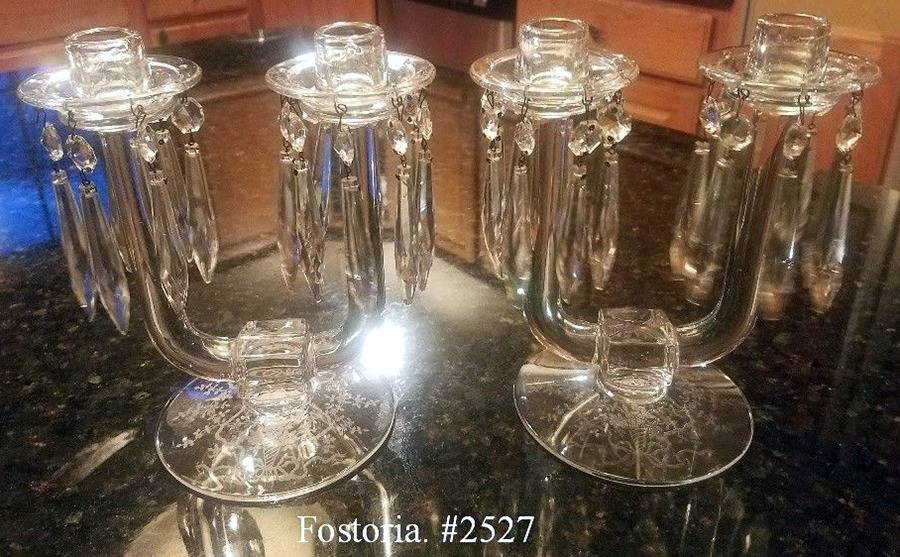 Corsage Clear Double Candlestick w/2 Bobeche and 16 Prisms by Fostoria-1