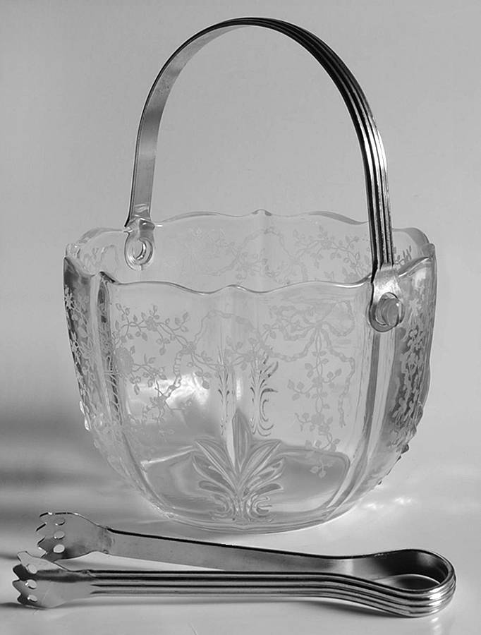 Corsage Clear Ice Bucket with Handle & Tongs (Baroque Shape) by Fostoria-1