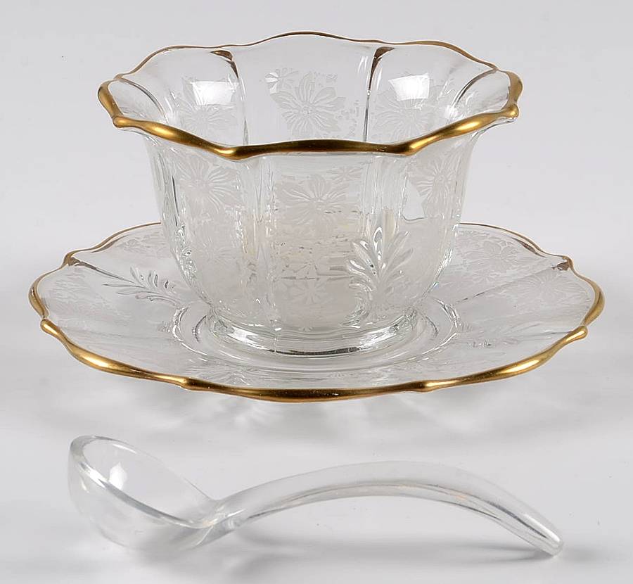 Gold Lace Mayonnaise Bowl & Underplate w/Ladle (Baroque Shap by Fostoria-1