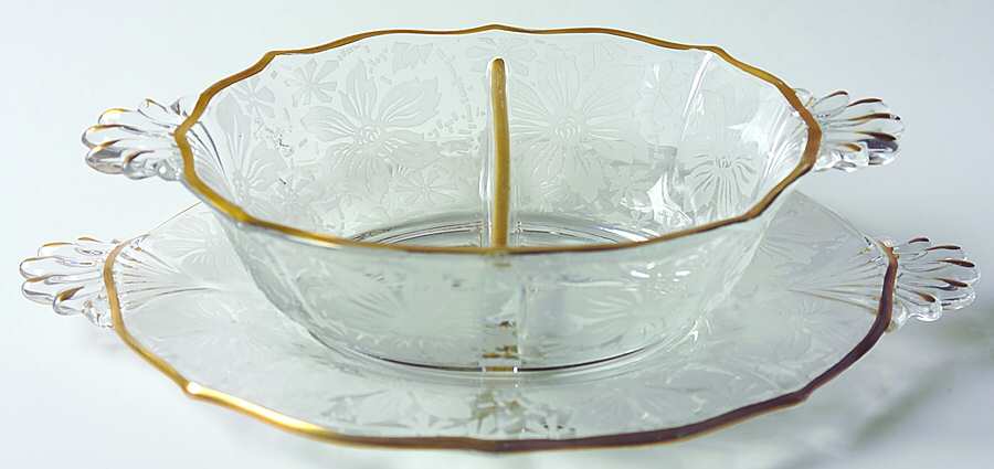 Gold Lace Divided Hdl. Mayonnaise Bowl & Tray(Baroque Shape) by Fostoria-1