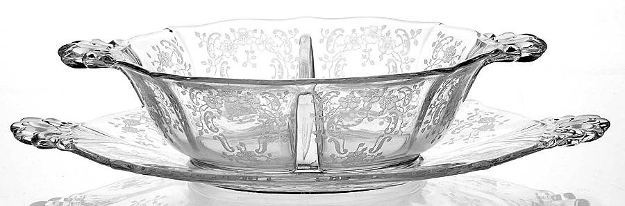 Meadow Rose Clear Divided Hdl. Mayonnaise Bowl & Tray(Baroque Shape) by Fostoria-1