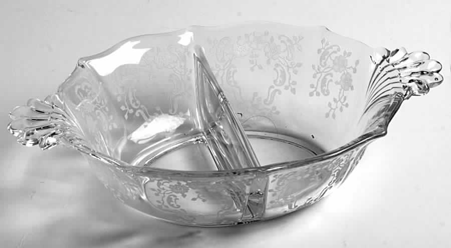 Meadow Rose Clear Divided Handled Mayonnaise Bowl (Baroque Shape) by Fostoria-1