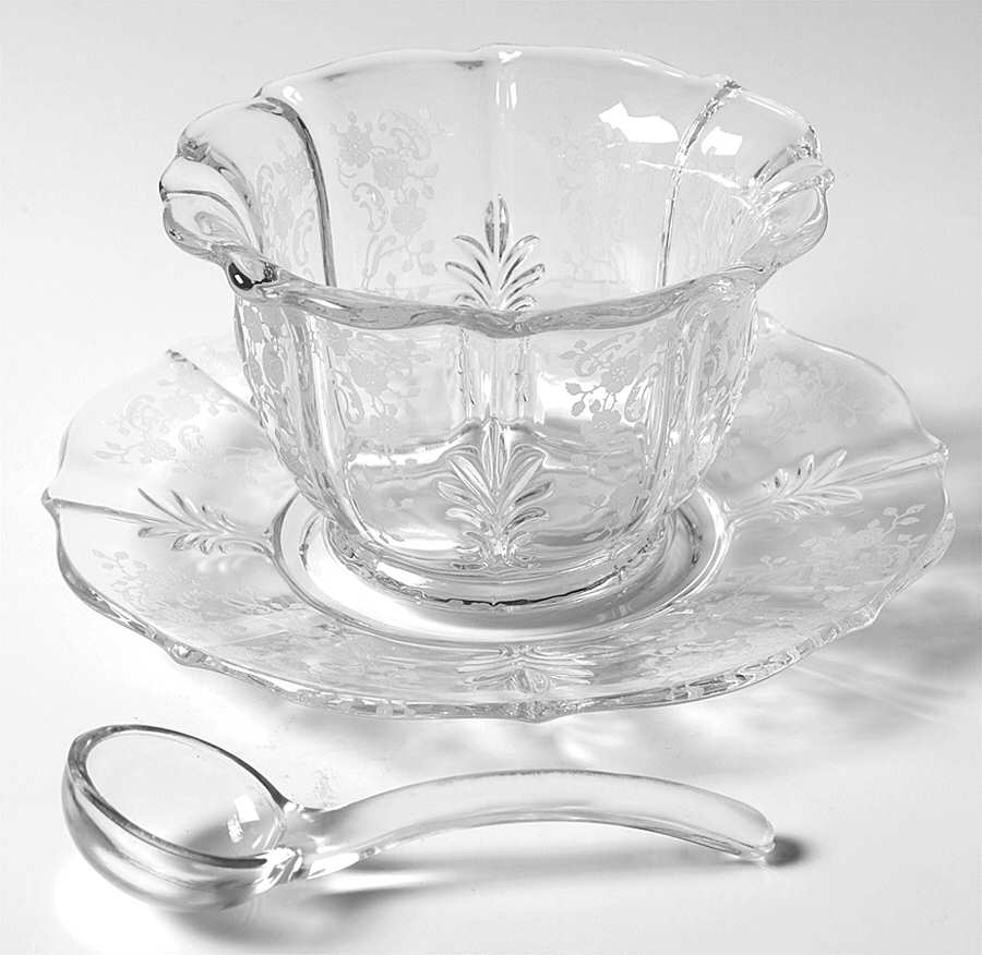 Meadow Rose Clear Mayonnaise Bowl & Underplate w/Ladle (Baroque Shap by Fostoria-1