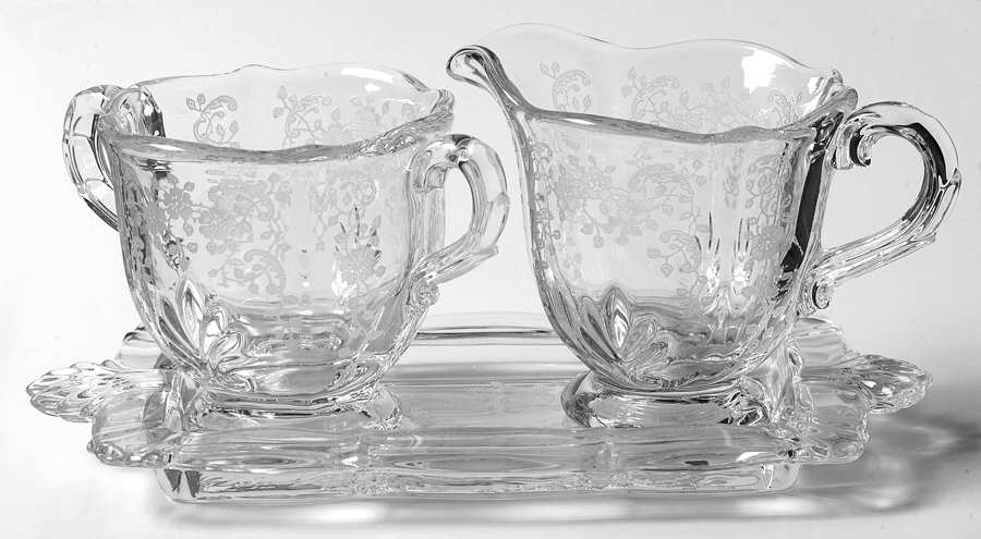 Meadow Rose Clear Baroque Individual Creamer&Sugar on Tray by Fostoria-1