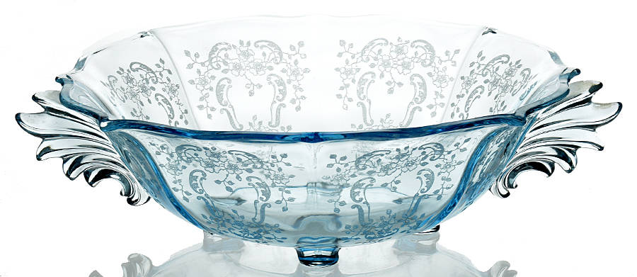 Meadow Rose Blue Handled 4-Toed Bowl (Baroque Shape) by Fostoria-1