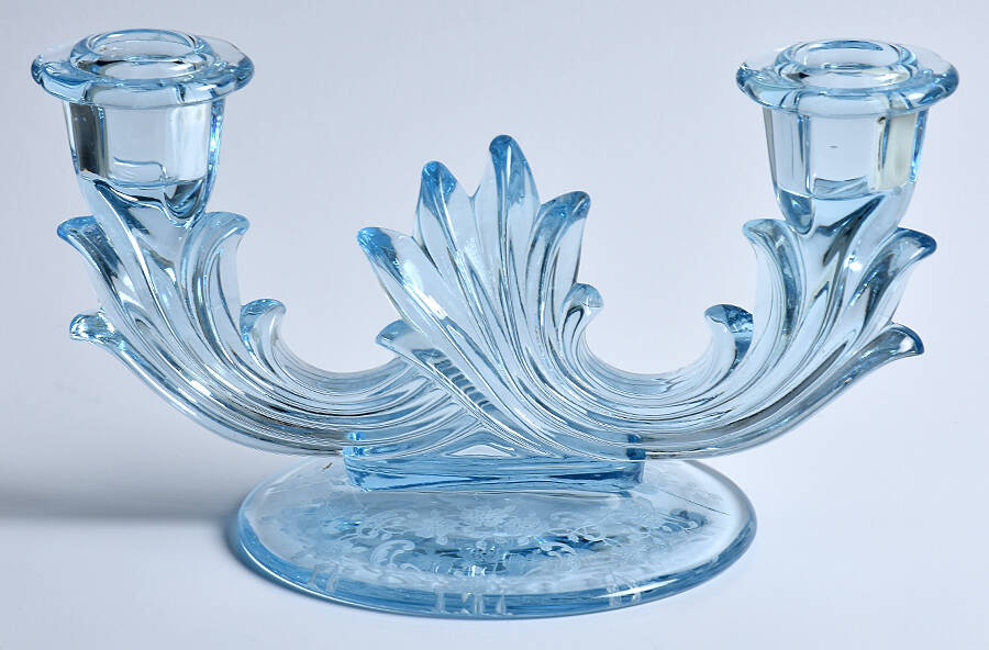 Meadow Rose Blue Double Candlestick (Baroque Shape) by Fostoria-1